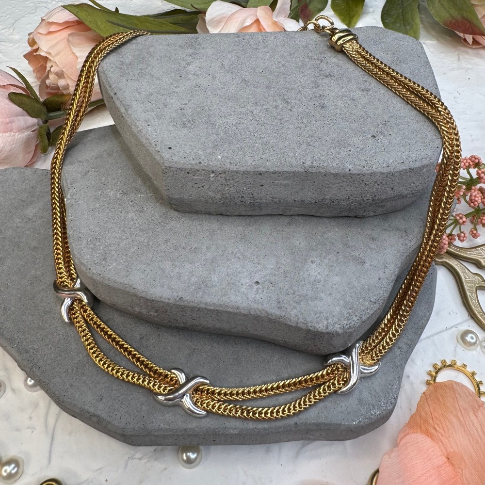 Vintage Mixed Metal Two Strand Gold Herringbone X Station Necklace 18 Inch
